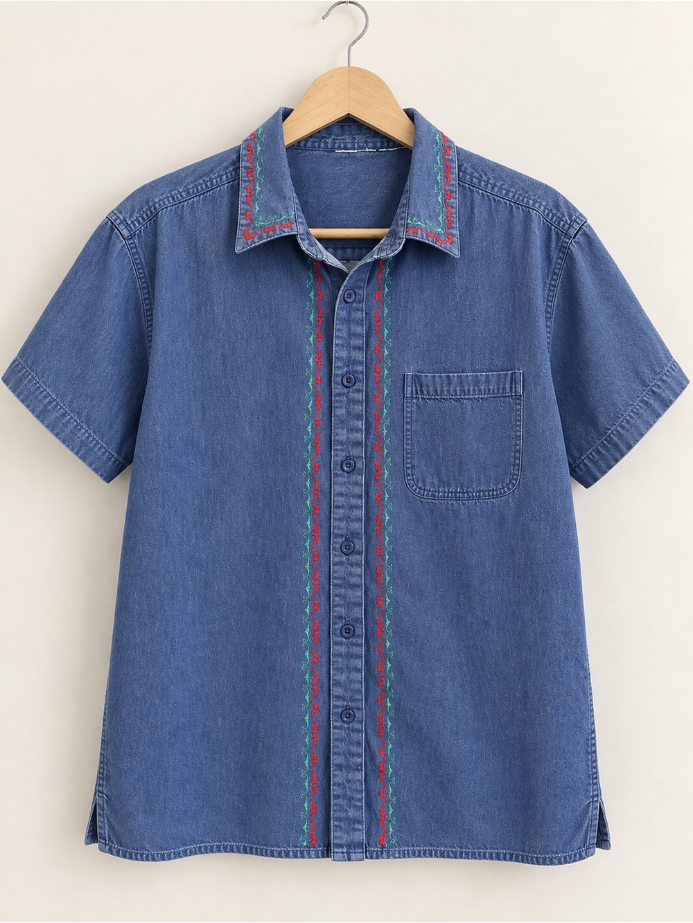 Vintage Embroidered Chambray Cotton Button Up Shirt Blue Short Sleeve Western L